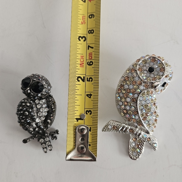 Aurora Borealis Rhinestone Owl Silvertone Brooches AB, Lot Of 2 Unmarked - Picture 7 of 7